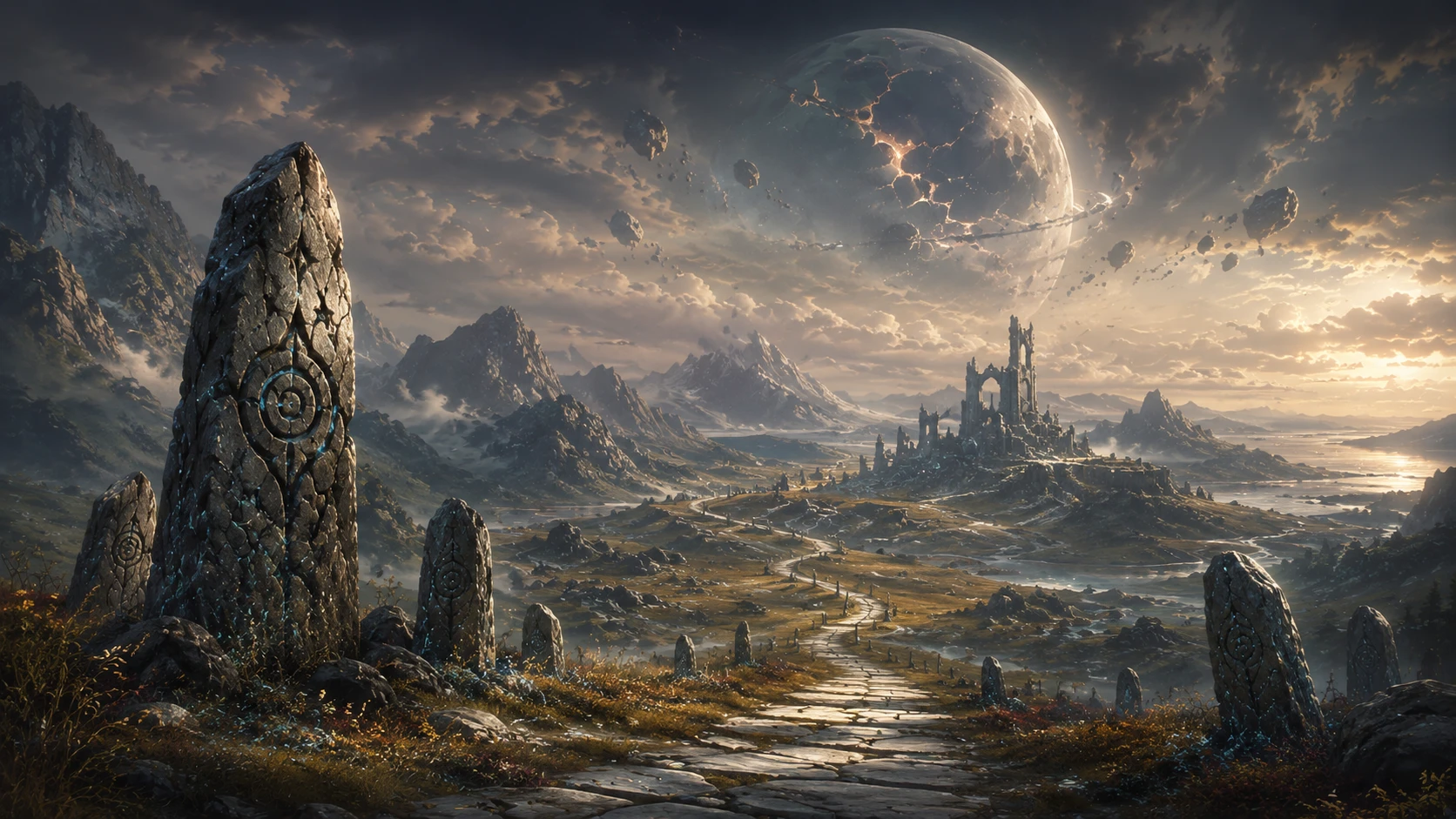 Avylan mythic frontier with ancient waystones beneath a wounded moon.