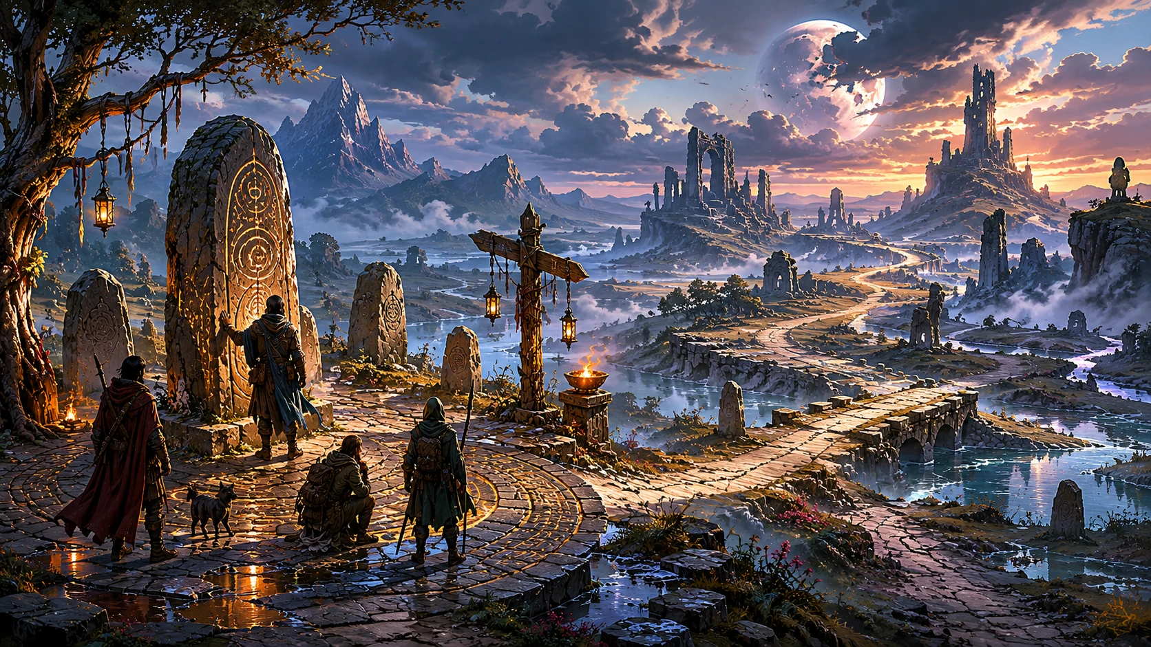Travelers at an ancient Avylan road-shrine where branching roads lead through ruins beneath a wounded moon.