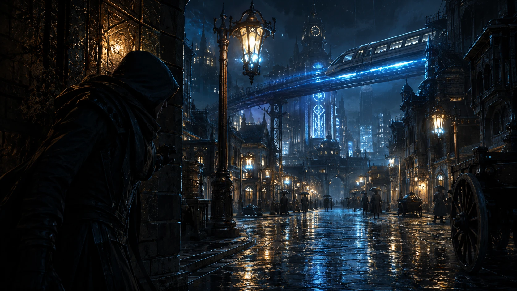 Eberron noir street with arcane lanterns and lightning rail glow.