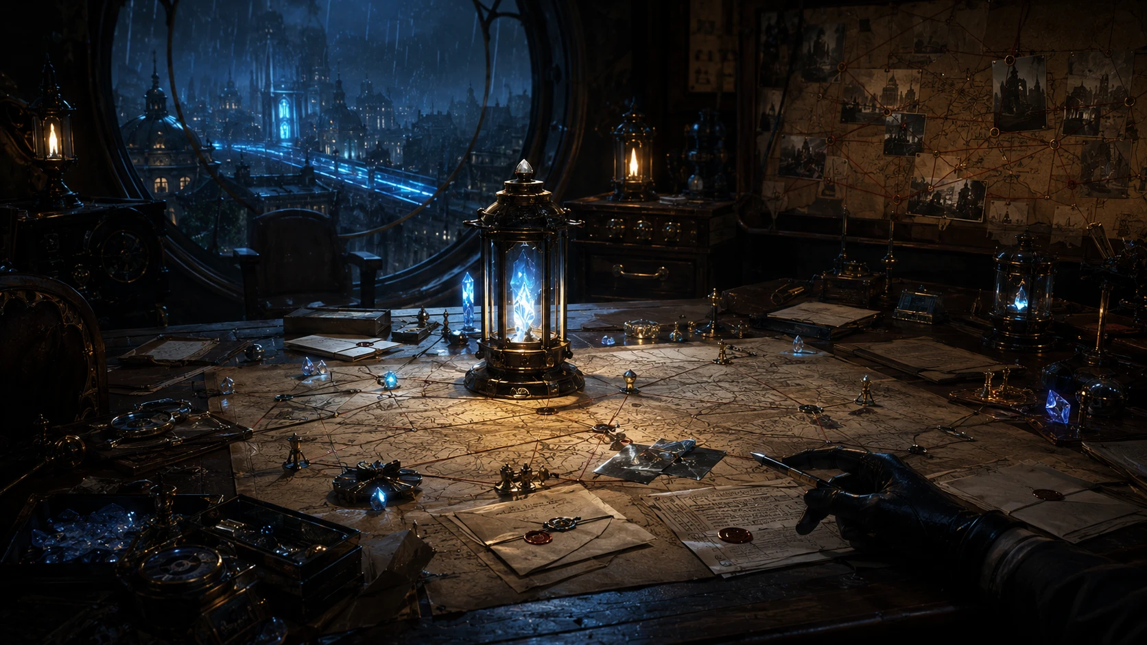 Covert Eberron mission table with maps, dossiers, arcane lanterns, and evidence under rainlit city windows.