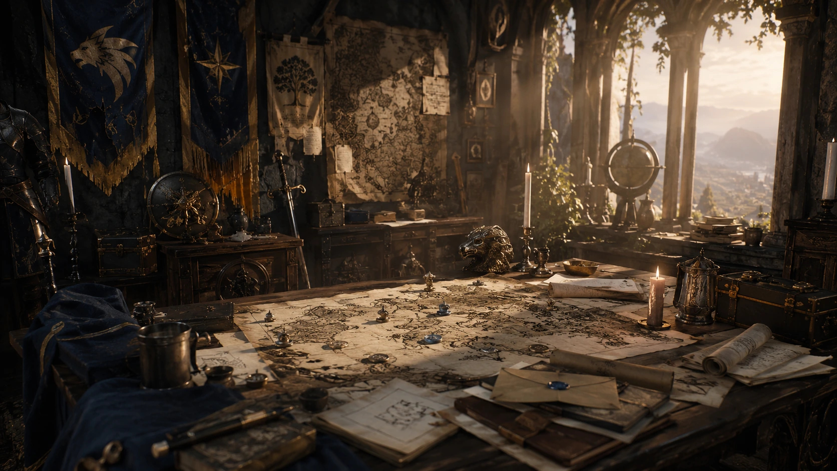 Legacy campaign war room with maps, relics, and banners from long-running adventures.