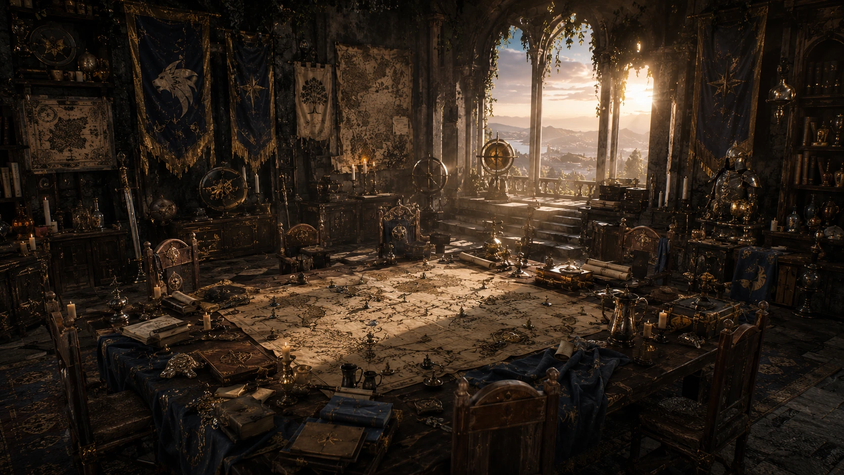 Mythic campaign hall filled with maps, relics, banners, and signs of long-running party history.