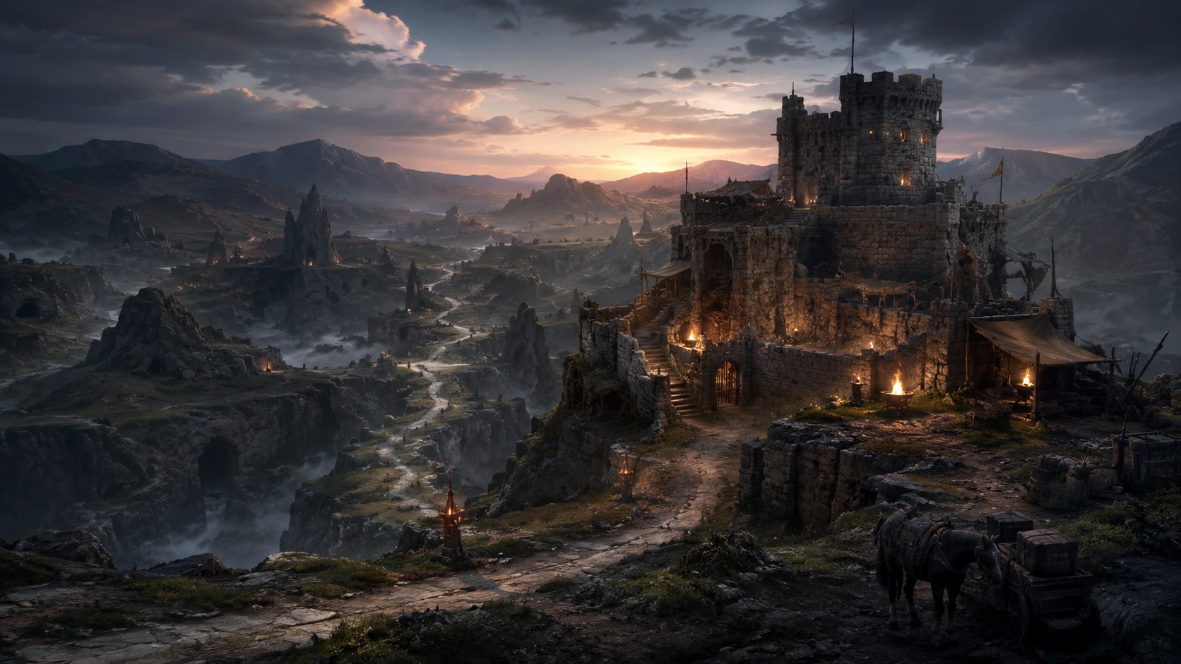 A frontier keep overlooking dangerous cave-country and expedition roads at dusk.