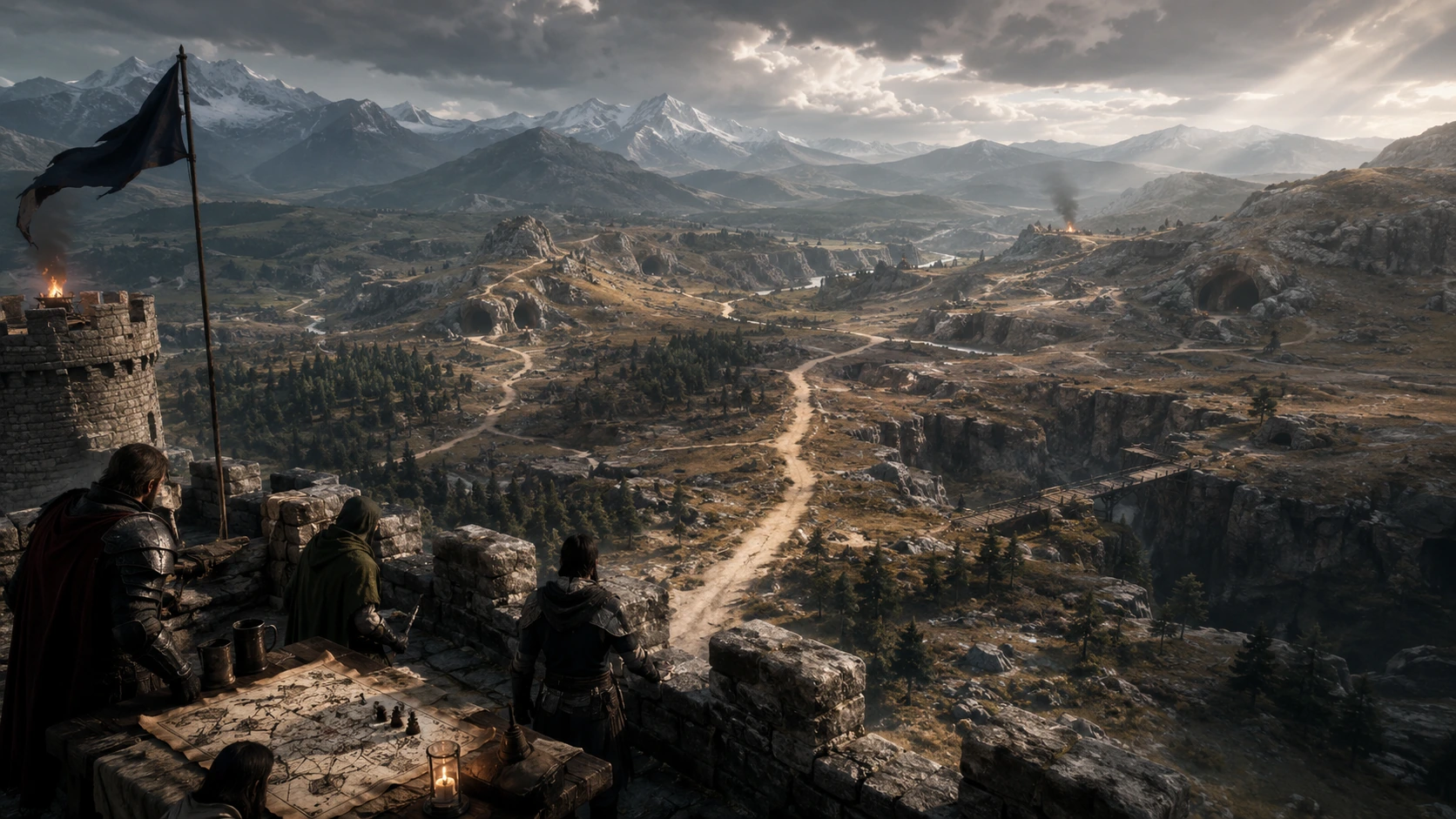 Adventurers planning routes from a keep battlement across a dangerous frontier of caves, ravines, and distant fires.