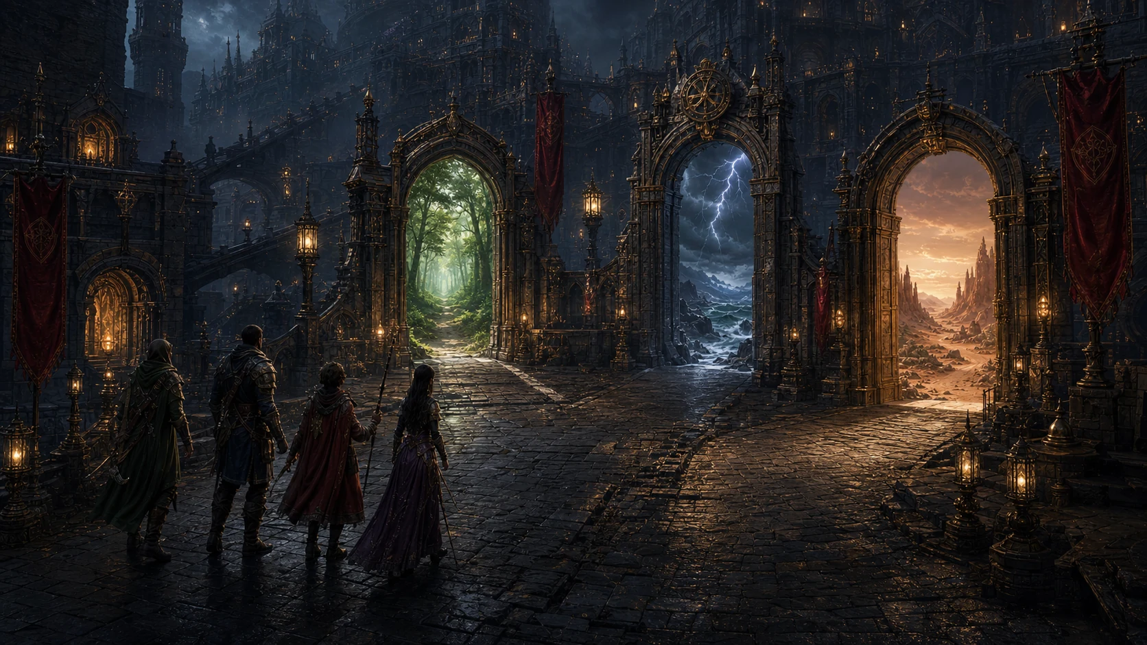 Adventurers choose among impossible doorways leading from Sigil to distant planes.