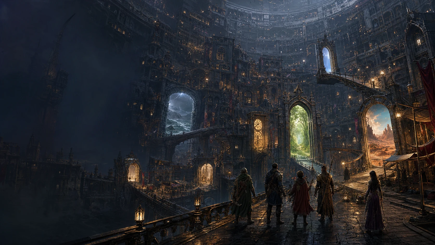 Sigil's impossible city curves overhead as doors open onto distant planes.