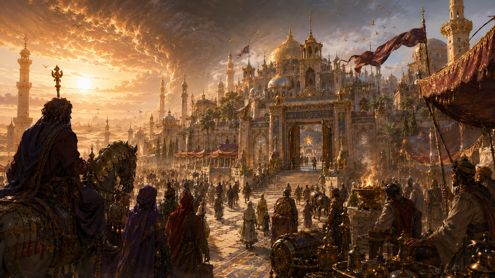 Elemental desert court with ceremonial pathways, storm, flame, and dangerous political grandeur.