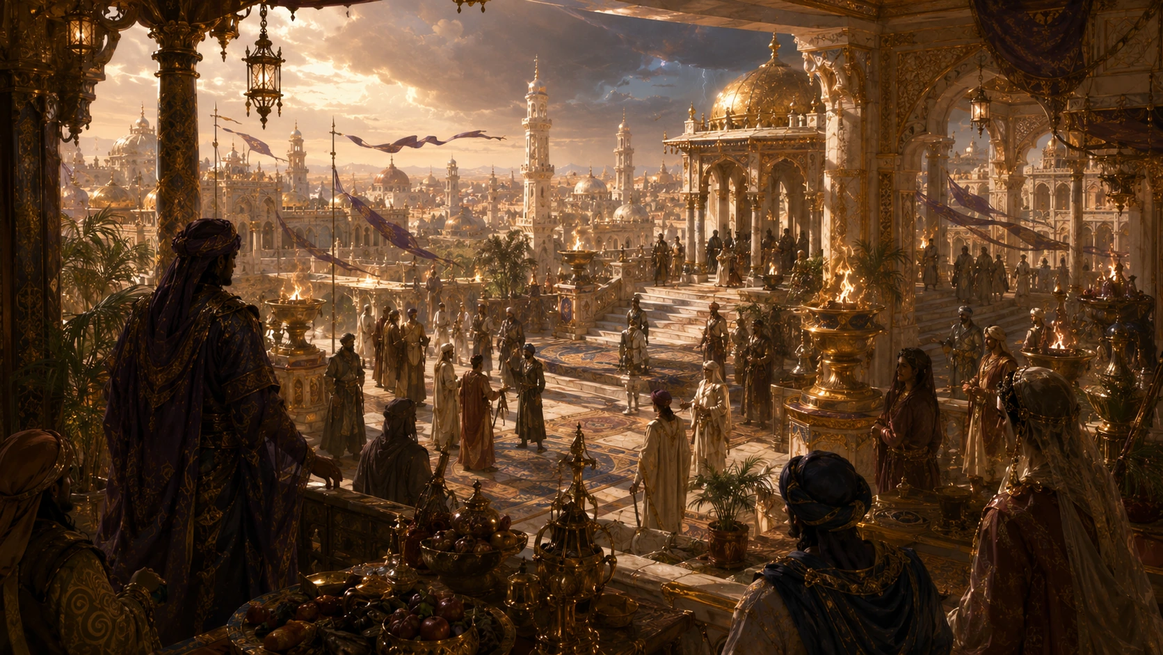 Grand desert court terraces filled with envoys, banners, and dangerous political ceremony under elemental skies.