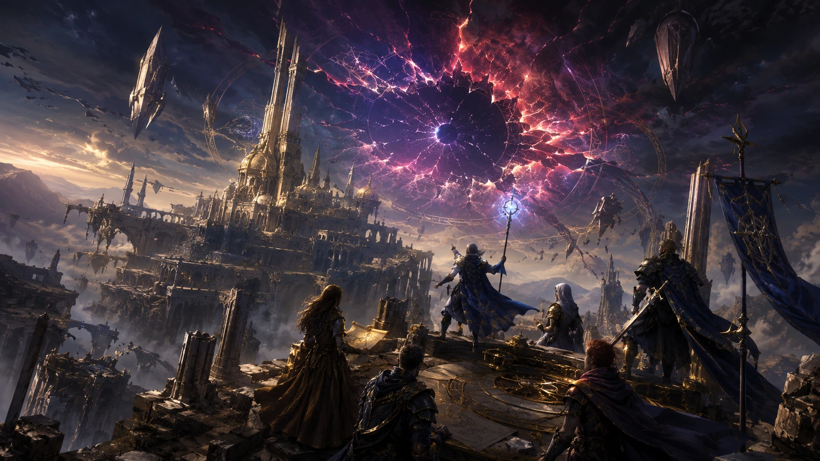 Arcane rupture over ruined relics as adventurers coordinate against multiverse-level doom.