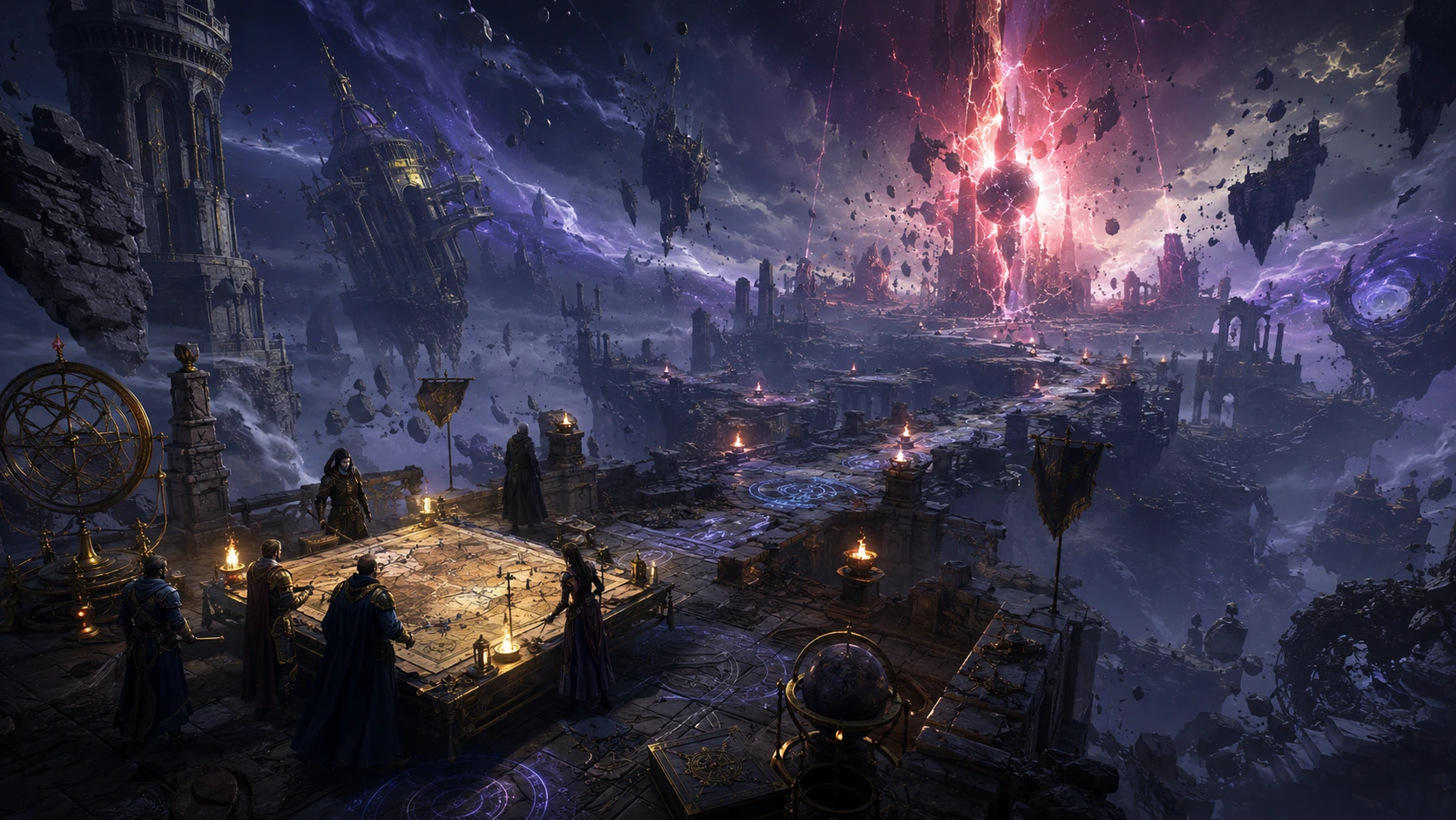 Panoramic ruined planar observatory with tactical routes toward a world-ending arcane rupture.