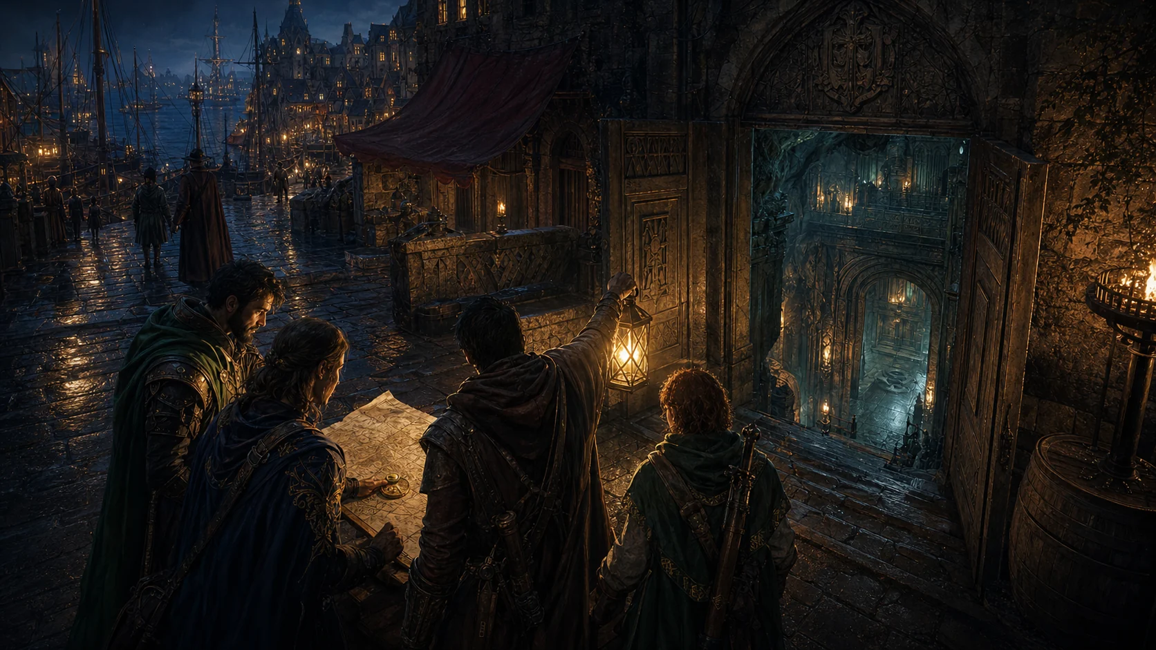 Adventurers follow a map from Waterdeep's harbor streets into a hidden entrance to Undermountain.