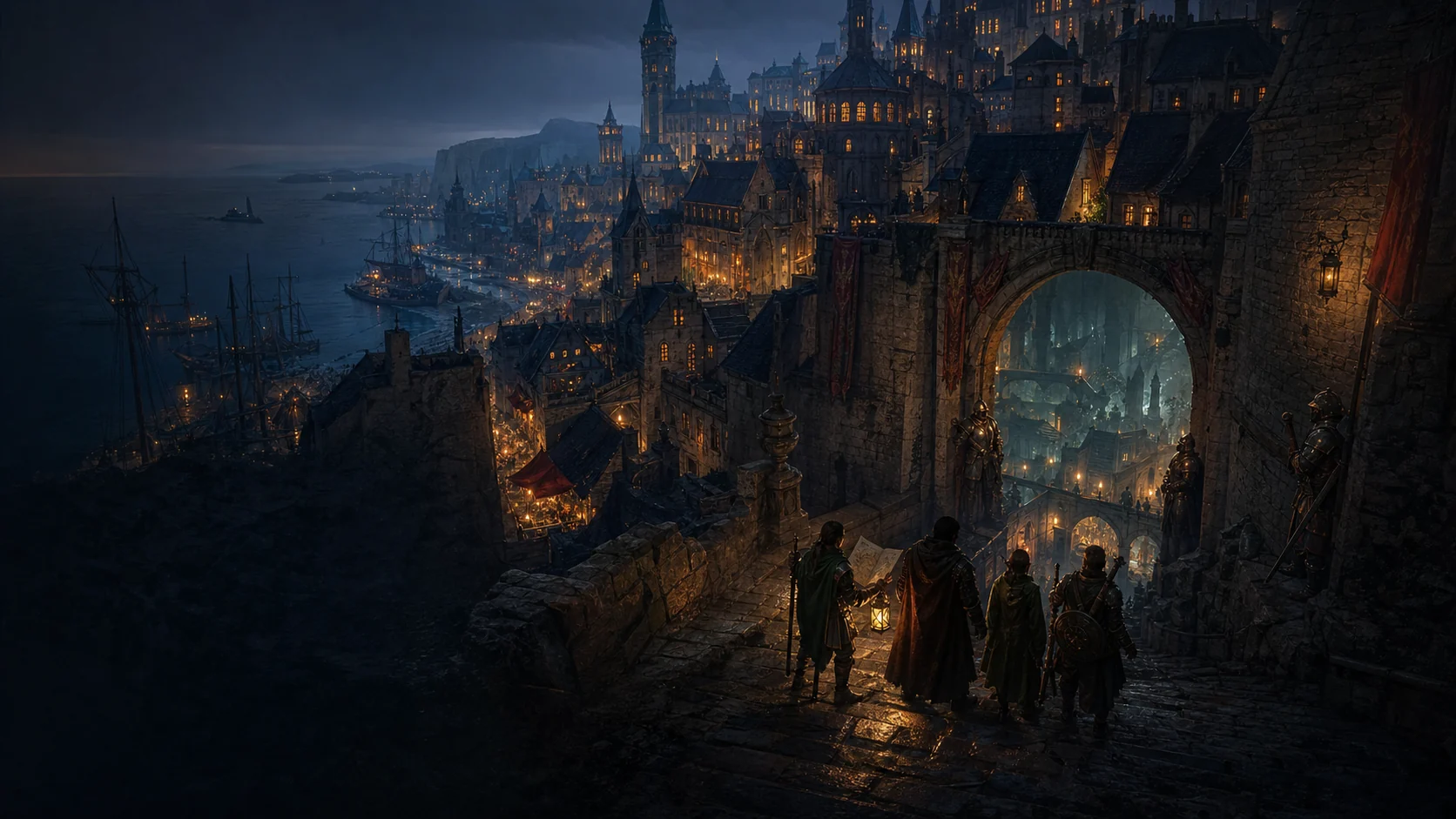 Adventurers overlook Waterdeep's harbor before descending through an ancient gate into Undermountain.