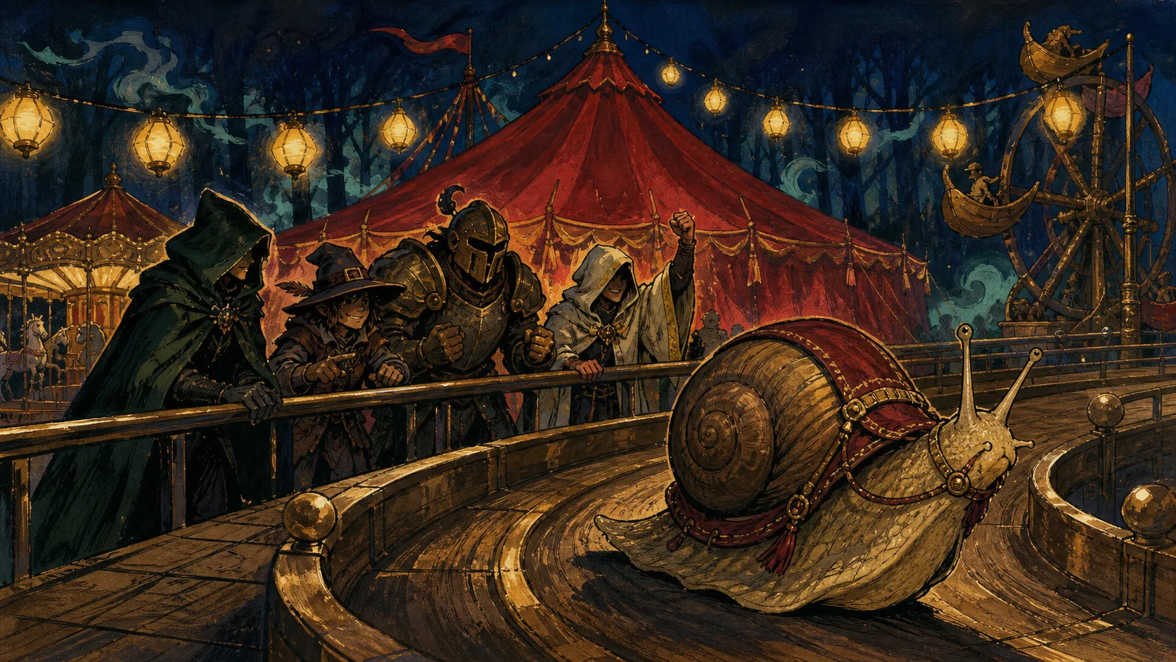 Four adventurers cheer a giant snail around a lantern-lit track at the Witchlight Carnival.