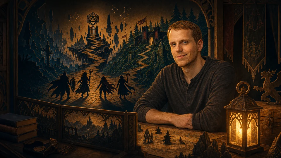 Ben, Dungeon Master for 20Fates, seated beside a lantern at the fantasy map where the party begins its journey.